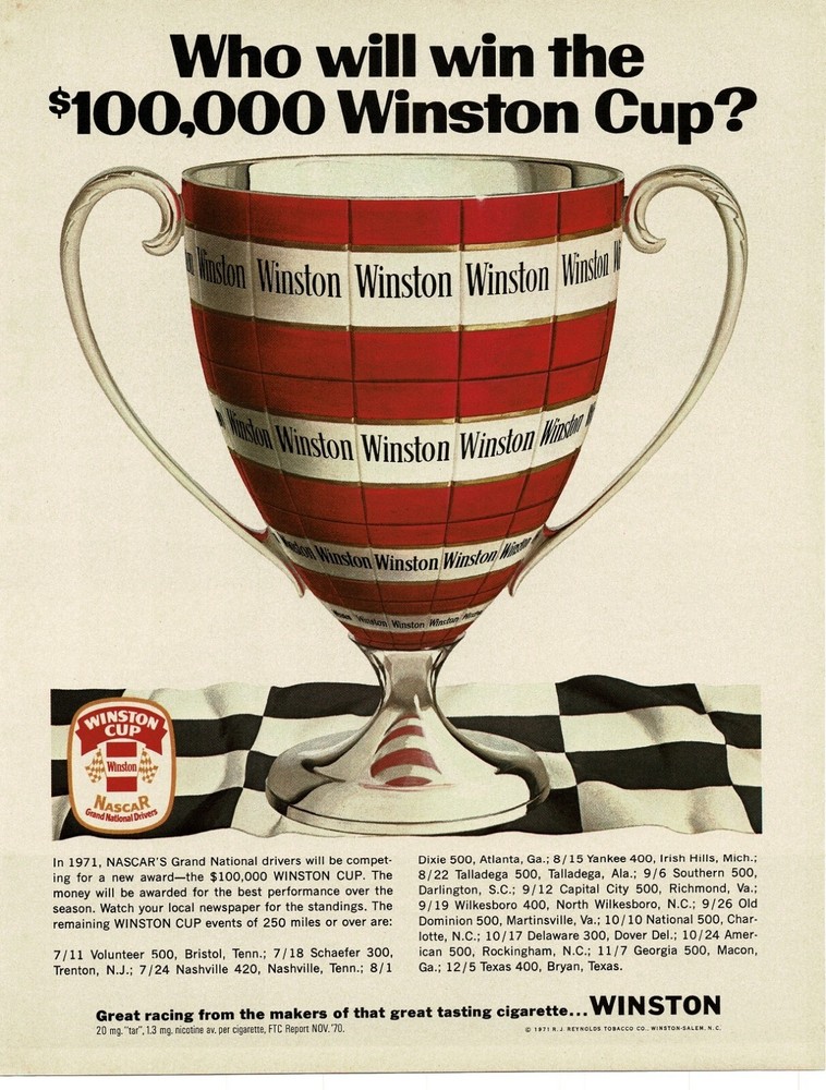 1971 NASCAR Winston Cup trophy Inaugural year Who will win Vintage Print Ad