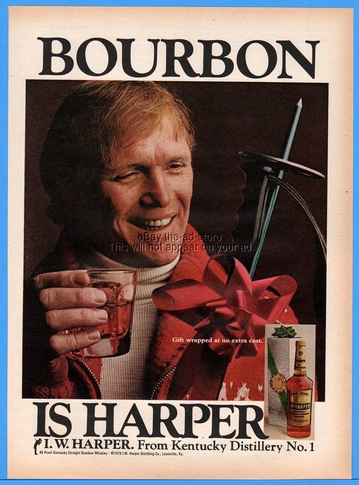 1973 I.W. Harper Kentucky Bourbon Whiskey Gift Wrapped Ski Pole Photo Print Ad