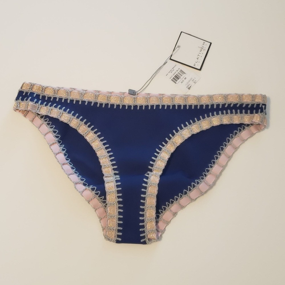 Platinum Swimwear Crochet Trim Scoop Bikini Swim Bottom Navy Blue Women's Medium