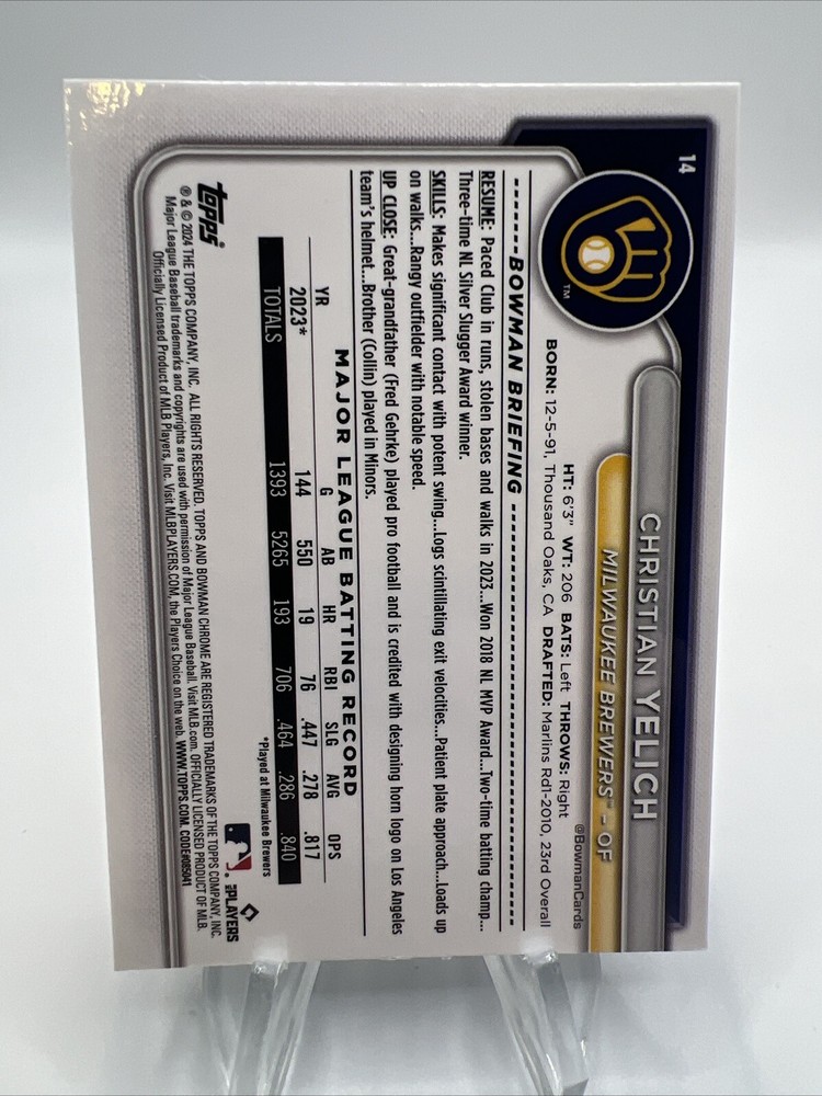 2024 Bowman Chrome Sapphire Edition Christian Yelich Milwaukee Brewers #14