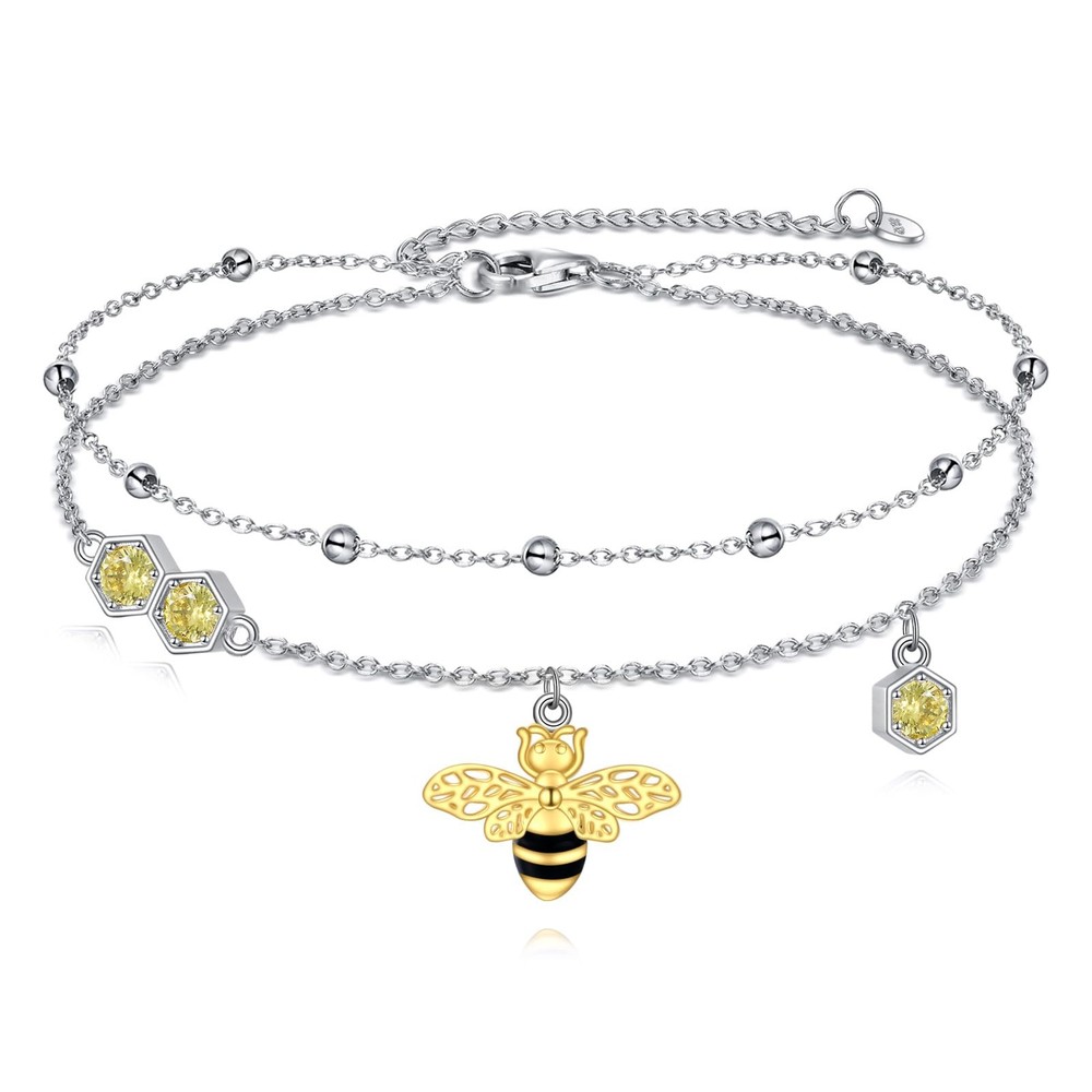 Bee Charm Ankle Bracelet for Women in Sterling Silver Layered Link Chain Design