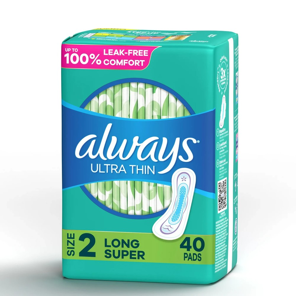 Always Ultra Thin Pads Without Wings, Size 2, Long Super Absorbency, 40 CT