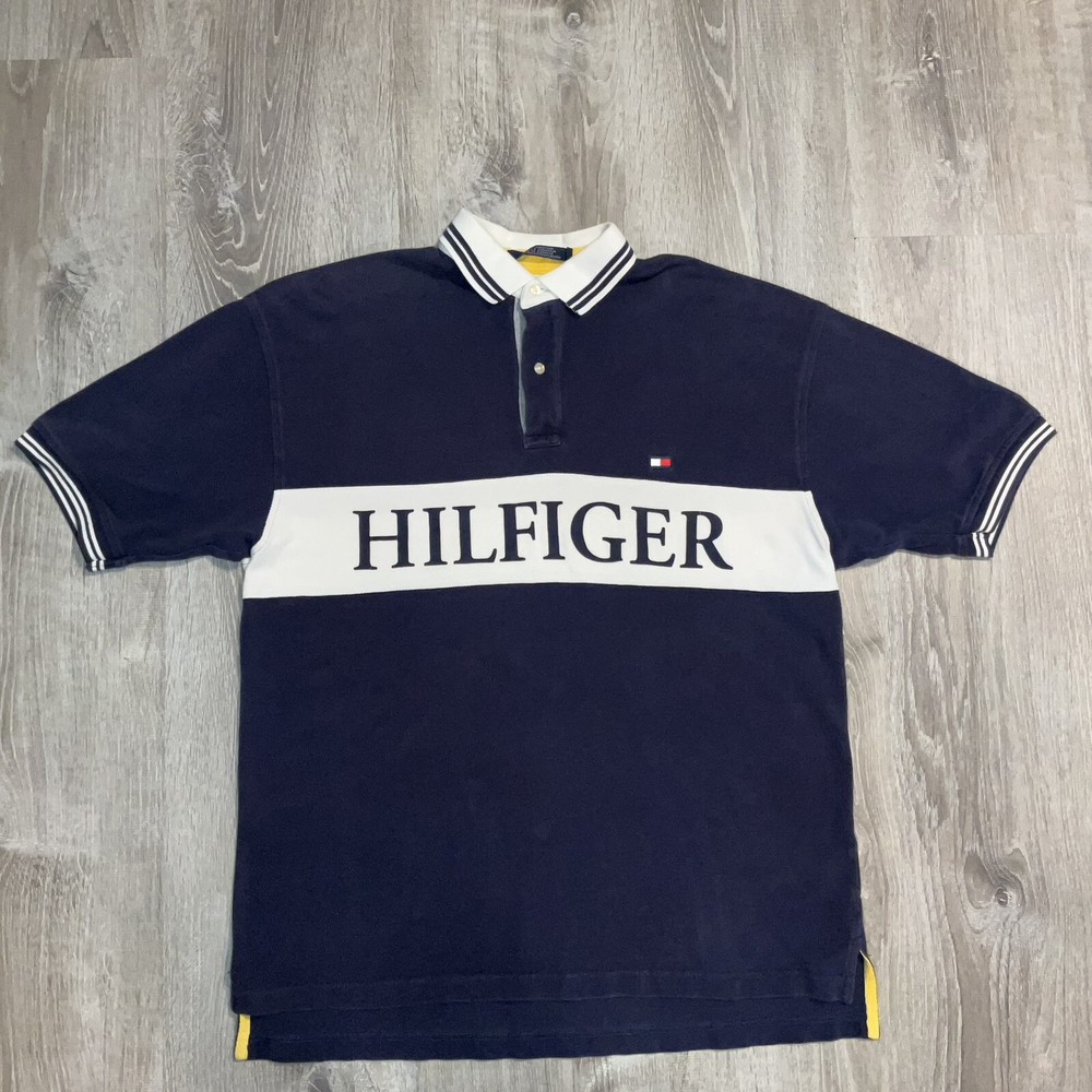 Vintage Tommy Hilfiger Colorblock Polo Shirt Blue Yellow Spellout Size Large