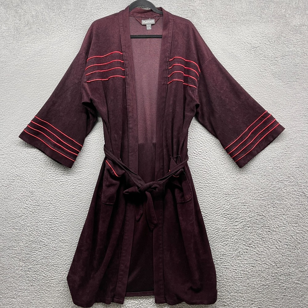 Playboy Mens Bath Robe Red Stripe Long Sleeve Drawstring Fleece Logo Size L/XL