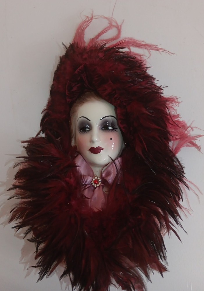 Ceramic Elegant Lady's Face Wall Art Hanging Mask Feathers Brocade Hat Collar