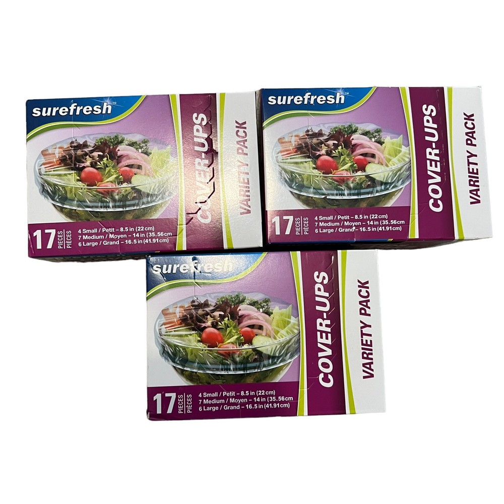 3 Boxes Sure Fresh Elastic Plastic Food Storage Bowl Covers Variety S/M/L Sizes