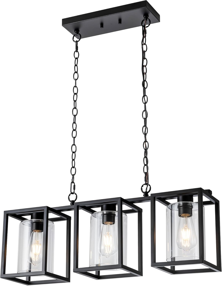 3-Light Farmhouse Kitchen Island Lighting, Black Industrial Rectangular Chandeli