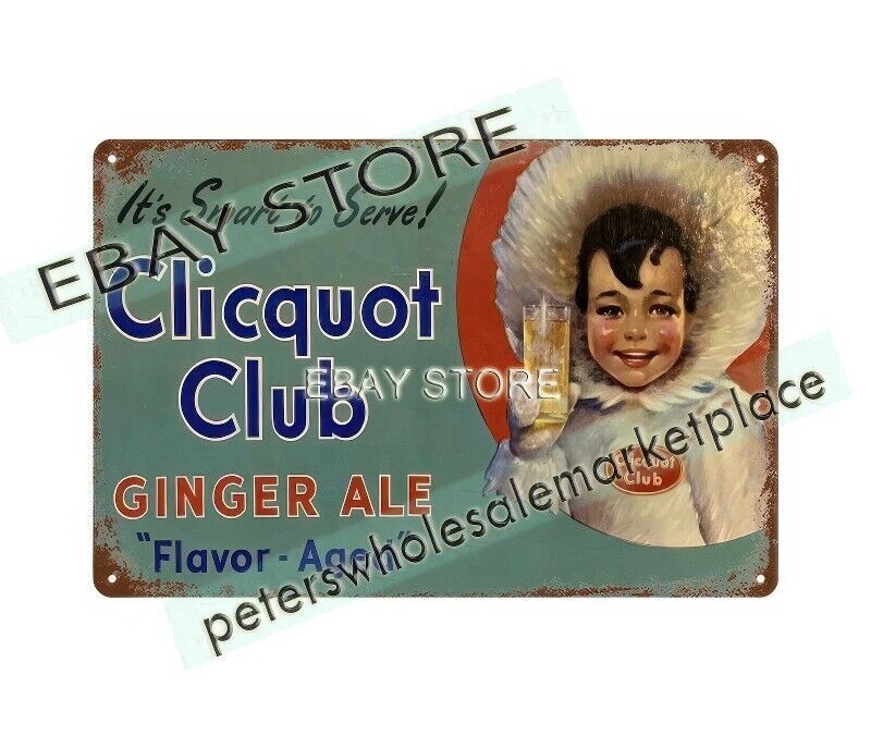Vintage Clicquot Club Ginger Ale Metal Tin Sign for Bar or Home Decor  
