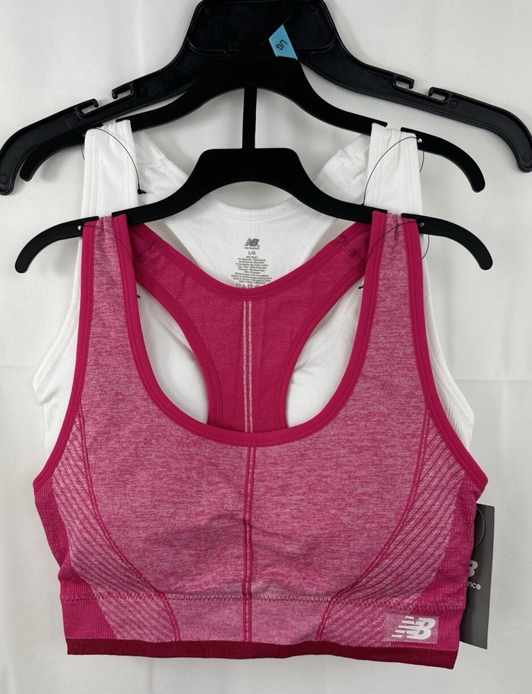 New Balance L Sports Bra 2 Pack Racerback Tagless Padded Carnival Pink & White