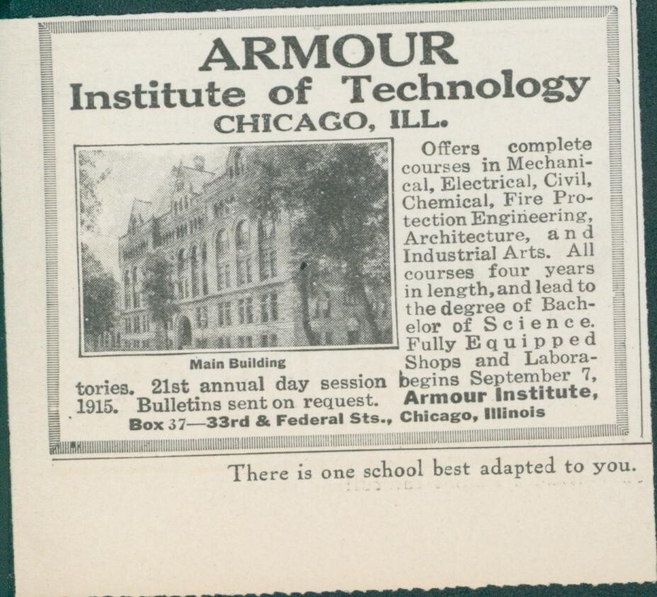 1915 Armour Institute Technology Chicago Illinois Main Building Ad CO7