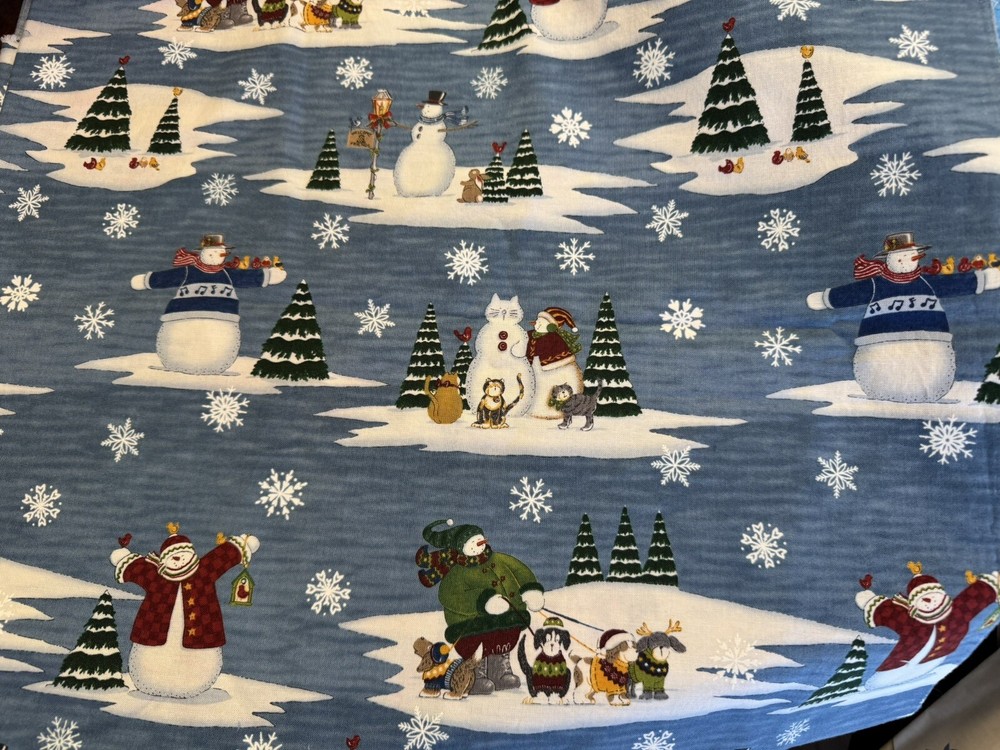 Cotton Fabric CHRISTMAS Snowmen Dog Cat SNOWFLAKES on BLUE 42
