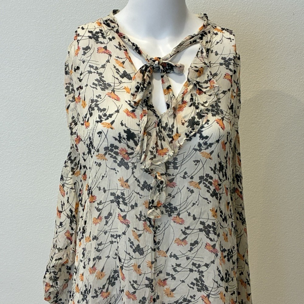 Joie Womens Silk Floral Romantic  Sheer Blouse Sz M Cream Ruffle Flowy Feminine