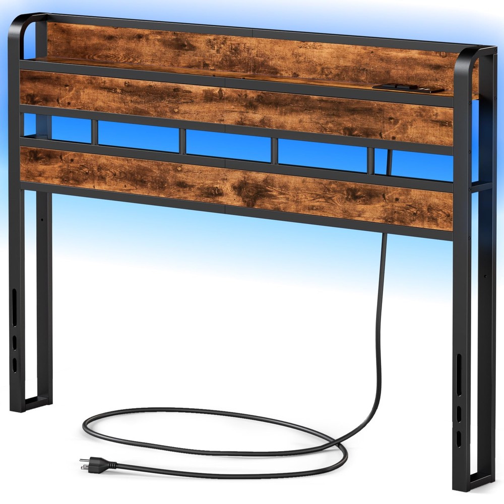 Queen Headboard with Storage Shelf, RGB LED Lights & USB Ports for Bedroom