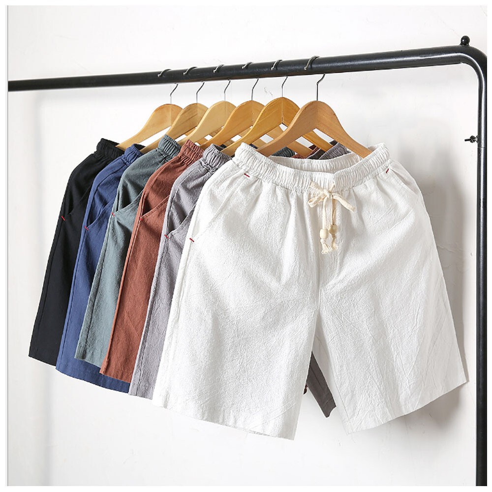 Mens Cotton Linen Shorts Elastic Waist Drawstring Summer Loose Casual Pants  .