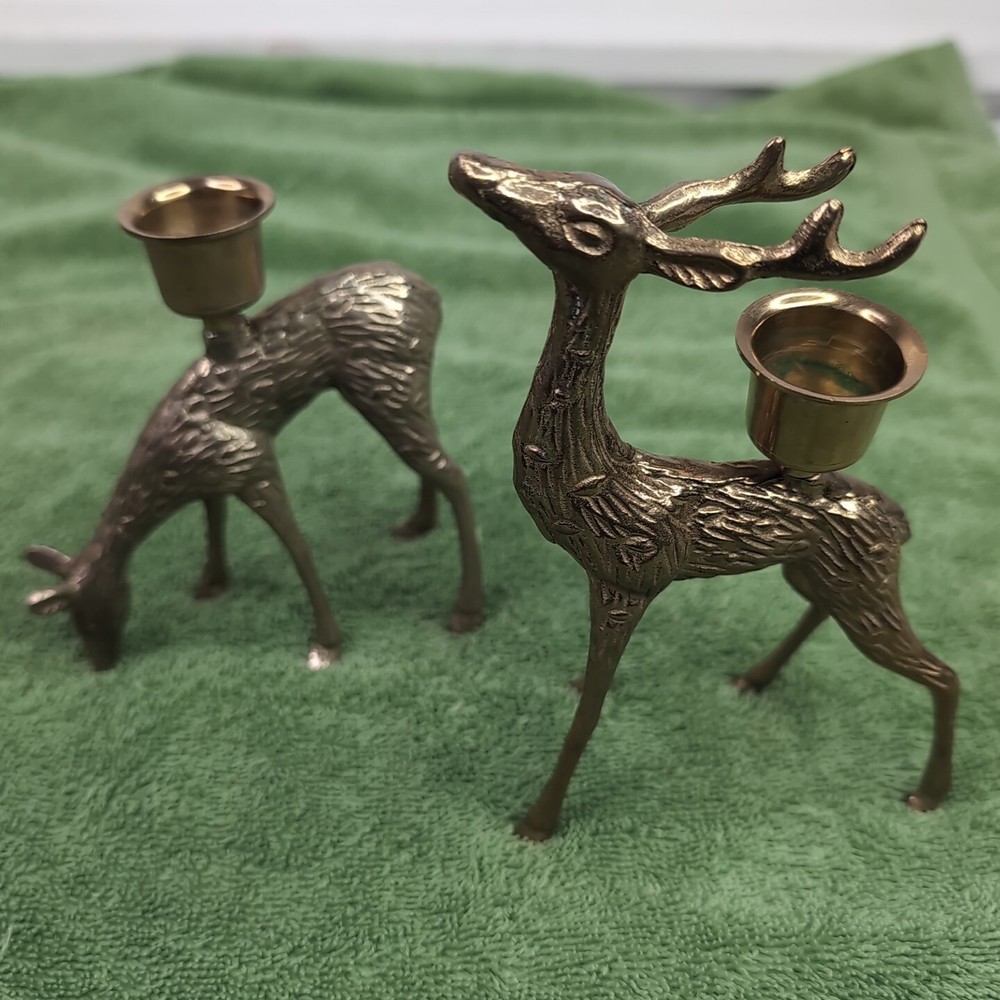 Vtg Pair Brass Deer Candle Holders Reindeer Set Christmas Taper Buck & Doe MCM