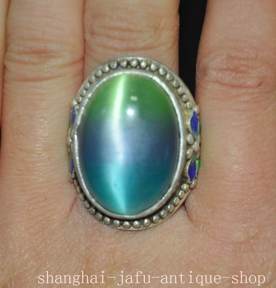 silver Cloisonne Inlay Cat's eye stone dynasty jewelry ring Adjustable size