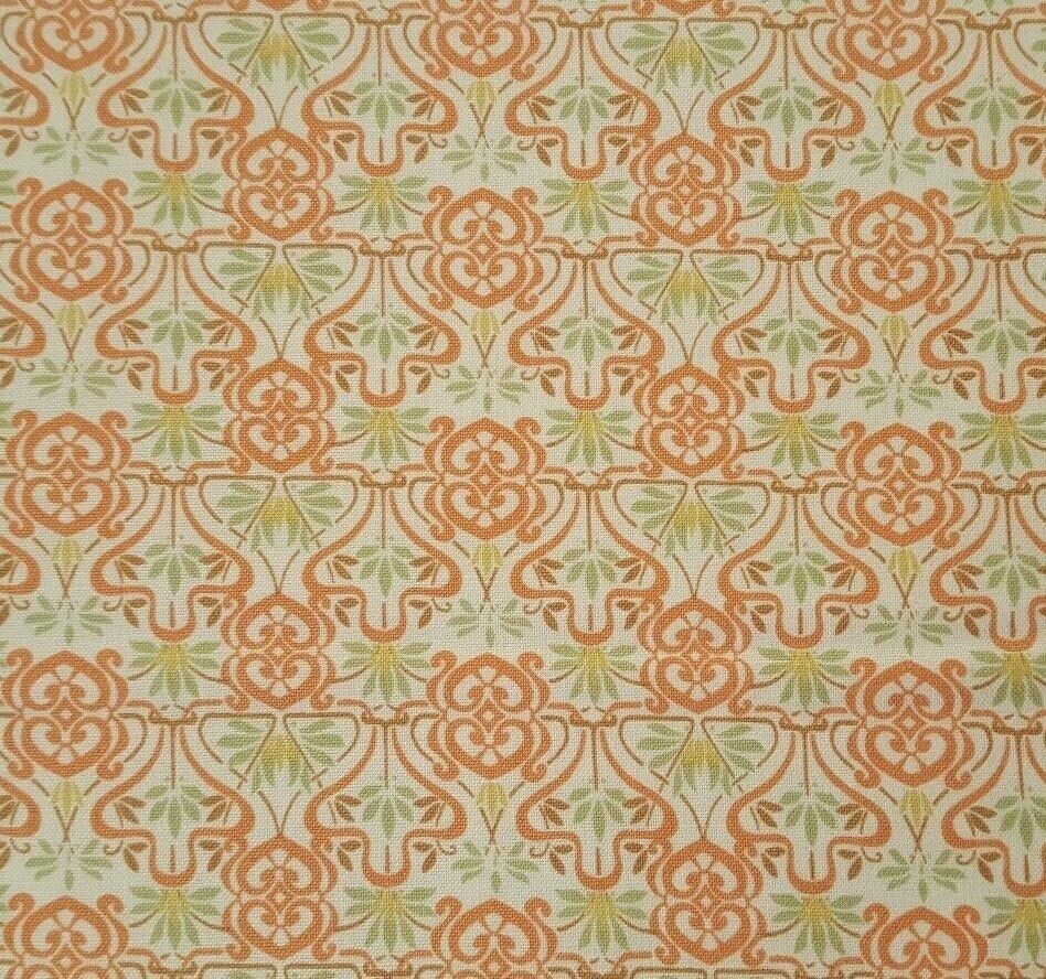 Gaslight BTY Red Rooster Green Gold Brown Terra Cotta Damask Ivory