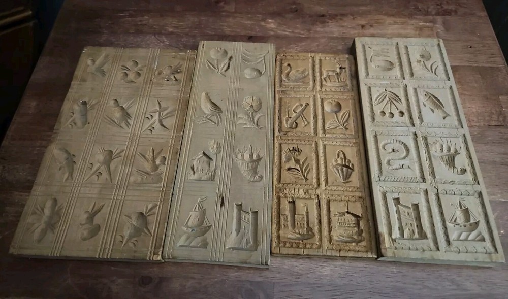 Vintage Lot 4 Wooden Springerle Speculaas Butter Cookie Stamp Molds Primitive