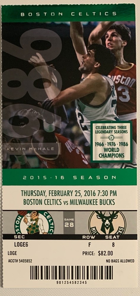 Boston Celtics 2/25/2016 NBA ticket stub vs Milwaukee Bucks