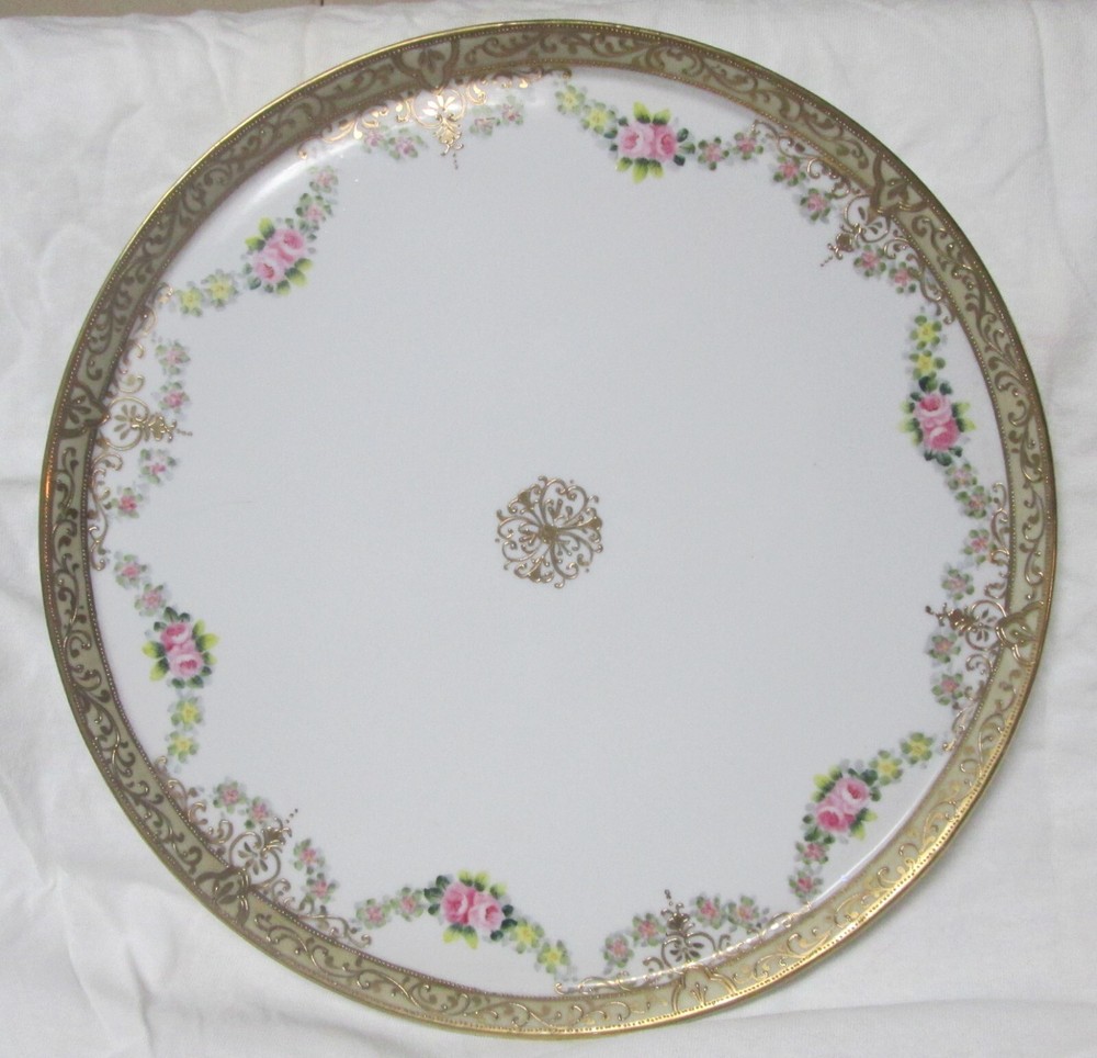 Vintage Nippon Porcelain 12in Gold Trim Rose Garland Flat Cake Plate