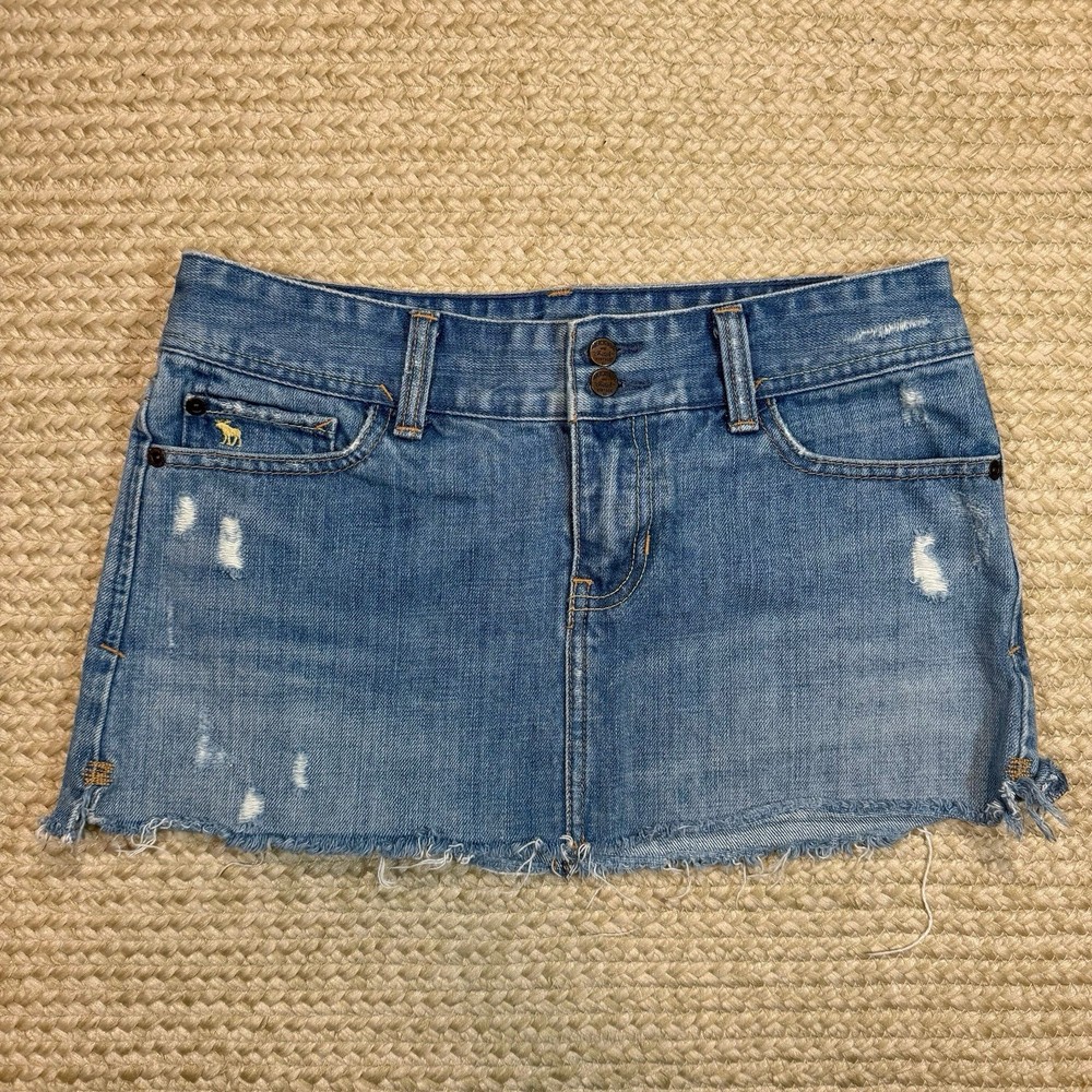 Abercrombie & Fitch Y2K Low Rise Distressed Denim Mini Skirt Moose Logo Sz 0-image