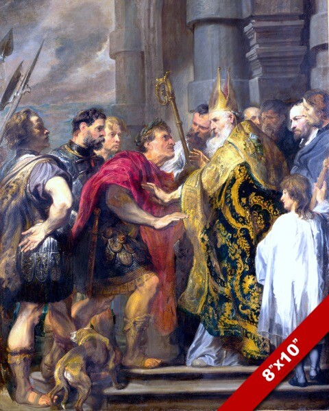 SAINT AMBROSE BARRING ROMAN EMPEROR THEODOSIS I PAINTING ART REAL CANVAS PRINT