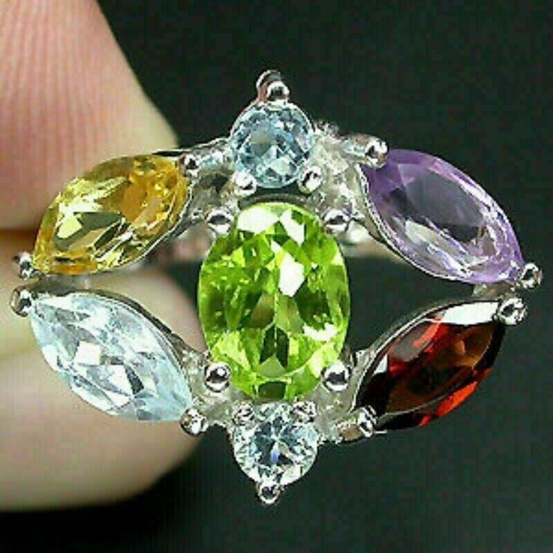 Sterling Silver Ring with Mined Peridot Amethyst Topaz Citrine Size US 7.75