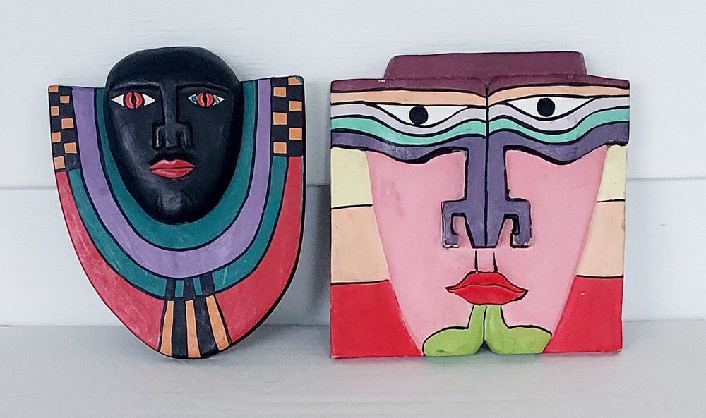 2 Laurel Burch Tribal Masks Wall Hangings Art Aztec Mayan Wood Face 6