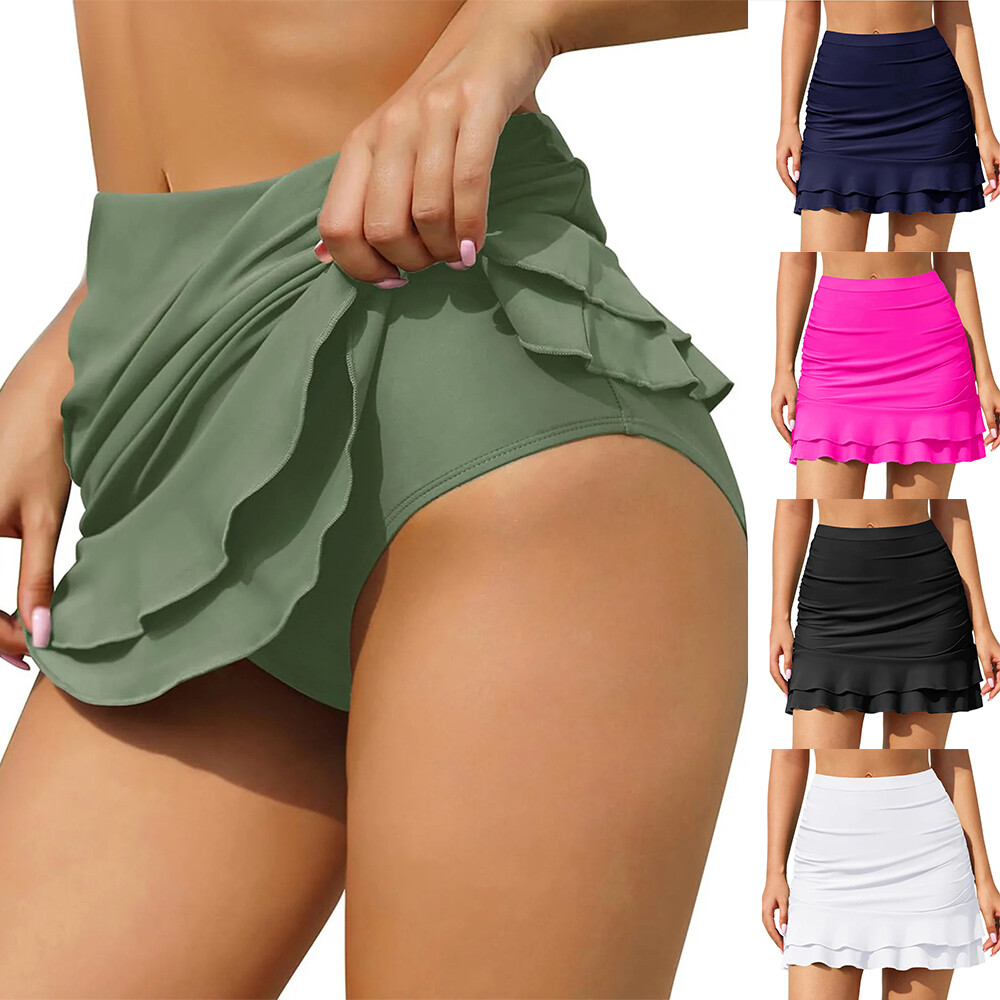 Women's Sexy Dress Swimwear Shorts Skirt Ladies High-Waist Thin Ruched Swimsuit