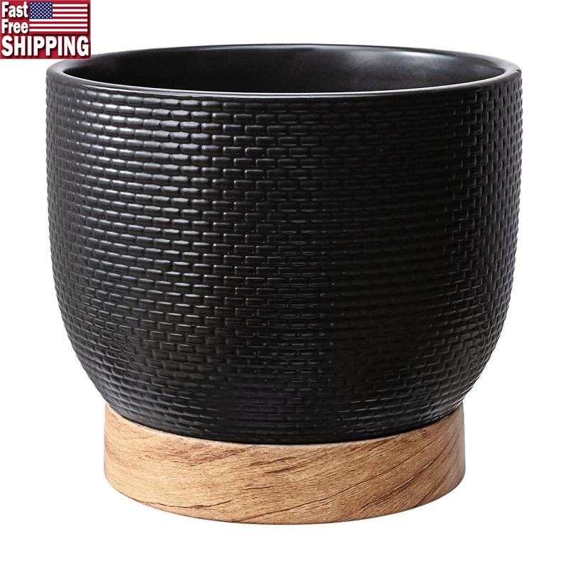 Stylish Ceramic Woven Planter with Wood Texture Base for Indoor Outdoor Plants