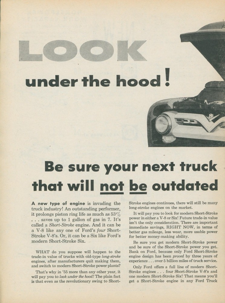 1955 Ford Triple Economy Trucks Short Stroke Look Under Hood Vtg Print Ad FJ1