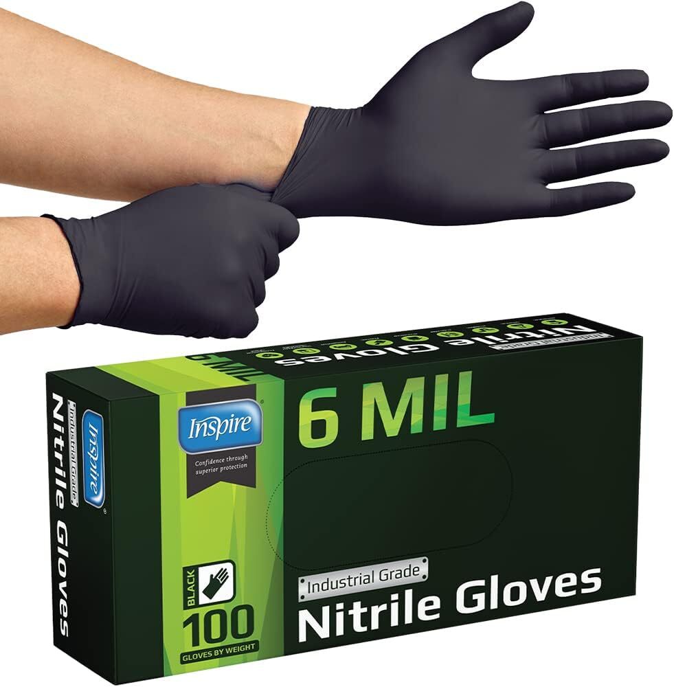 Inspire Black Nitrile Gloves HEAVY DUTY 6 Mil Chemical Large