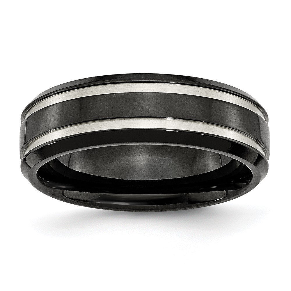 Titanium Brushed and Polished Black IP-plated 7mm Grooved Band Ring Size 11