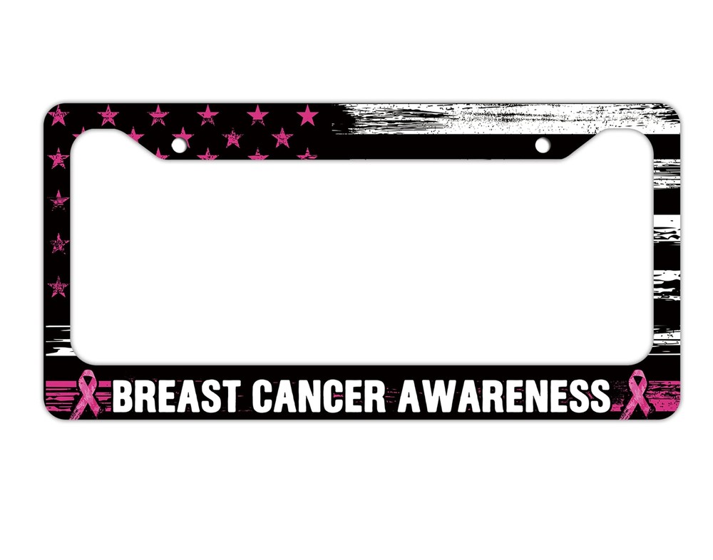Breast Cancer Awareness License Plate Frame American Flag Car Tag Cover Pink Rib