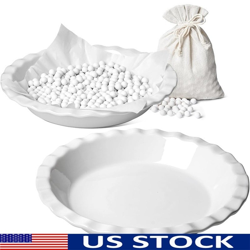Ceramic Pie Dish 9inch Fluted Edge Oven Safe Everyday Baking W/ Pie Weights New