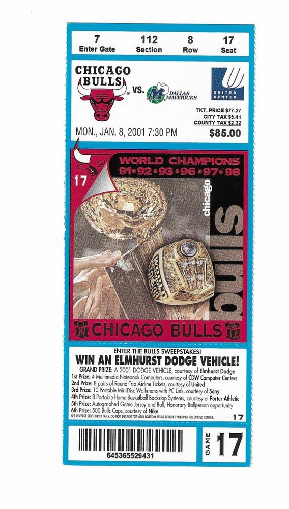Chicago Bulls vs Dallas Mavericks Unused Basketball Ticket from 1/8/2001