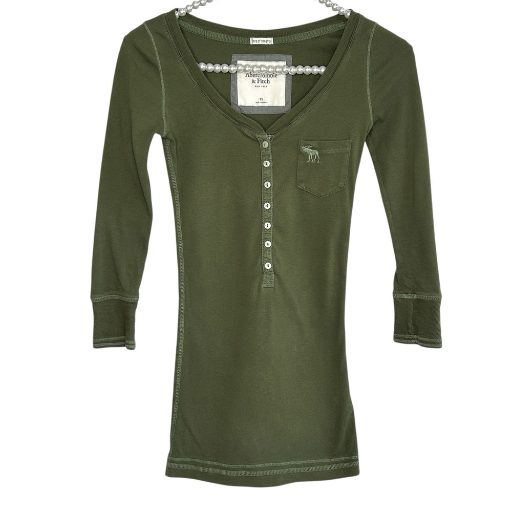 Abercrombie & Fitch Y2k Henley Top XS Moose Logo Fitted Swan Elena 2000s Green-image