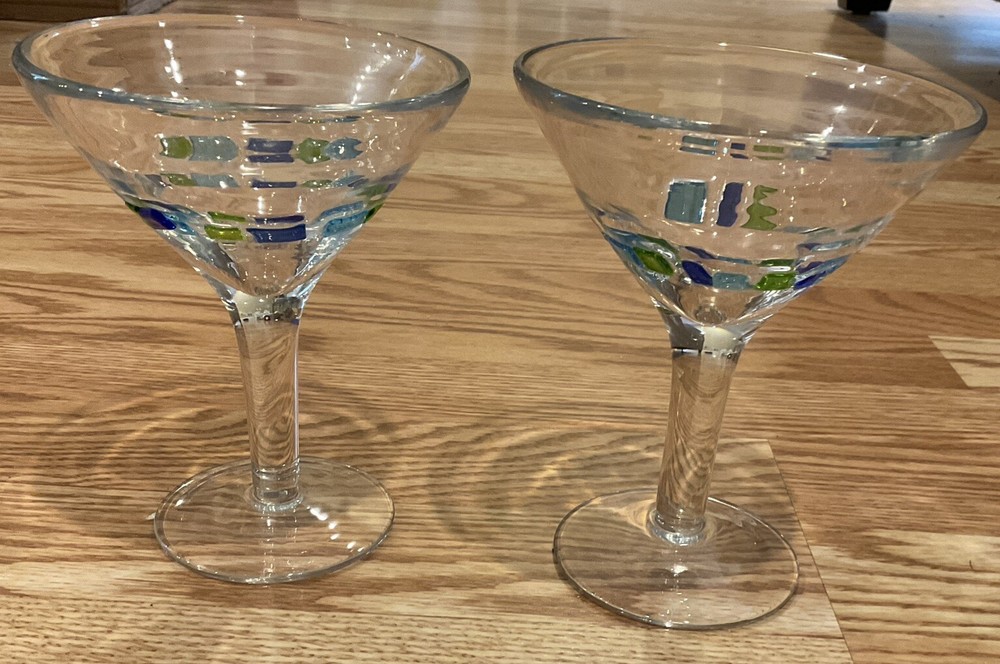 Set of 2 fused mosaic green and blue colossal martini or daiquiri glasses