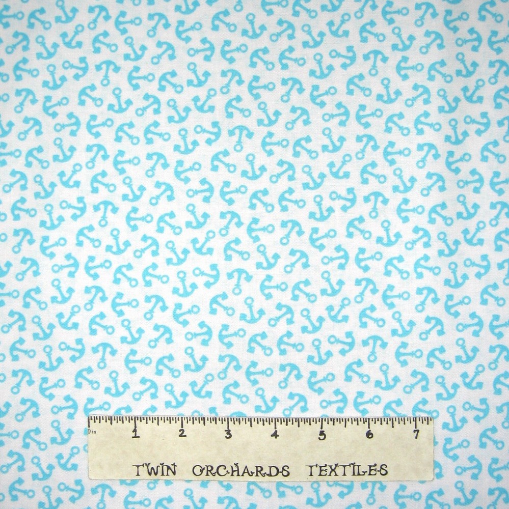 Nautical Fabric - Bright Blue Anchor Toss on White - Timeless Treasures YARD