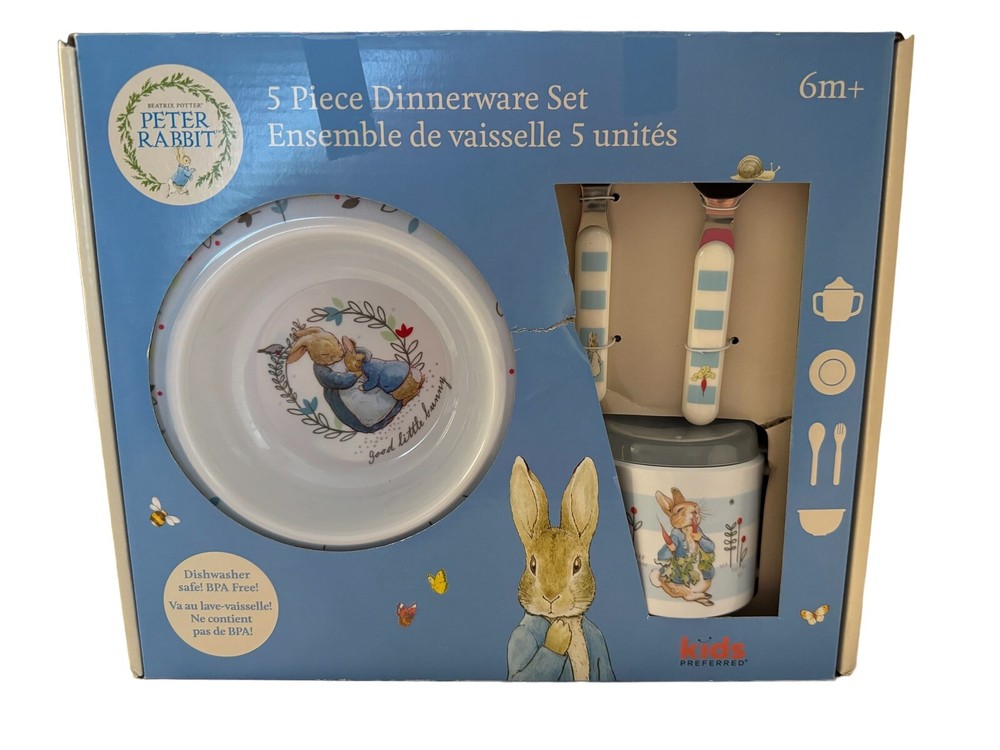 5 piece Beatrix Potter Peter Rabbit Melamine Dinnerware Set Hungry Little Bunny