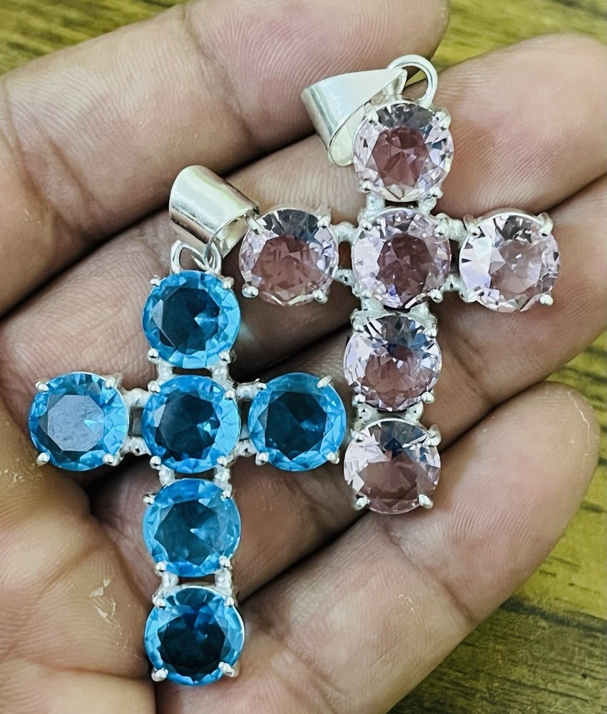 Handcrafted Sterling Silver Dual Cross Pendant with Rose Quartz and Iolite Gemstones