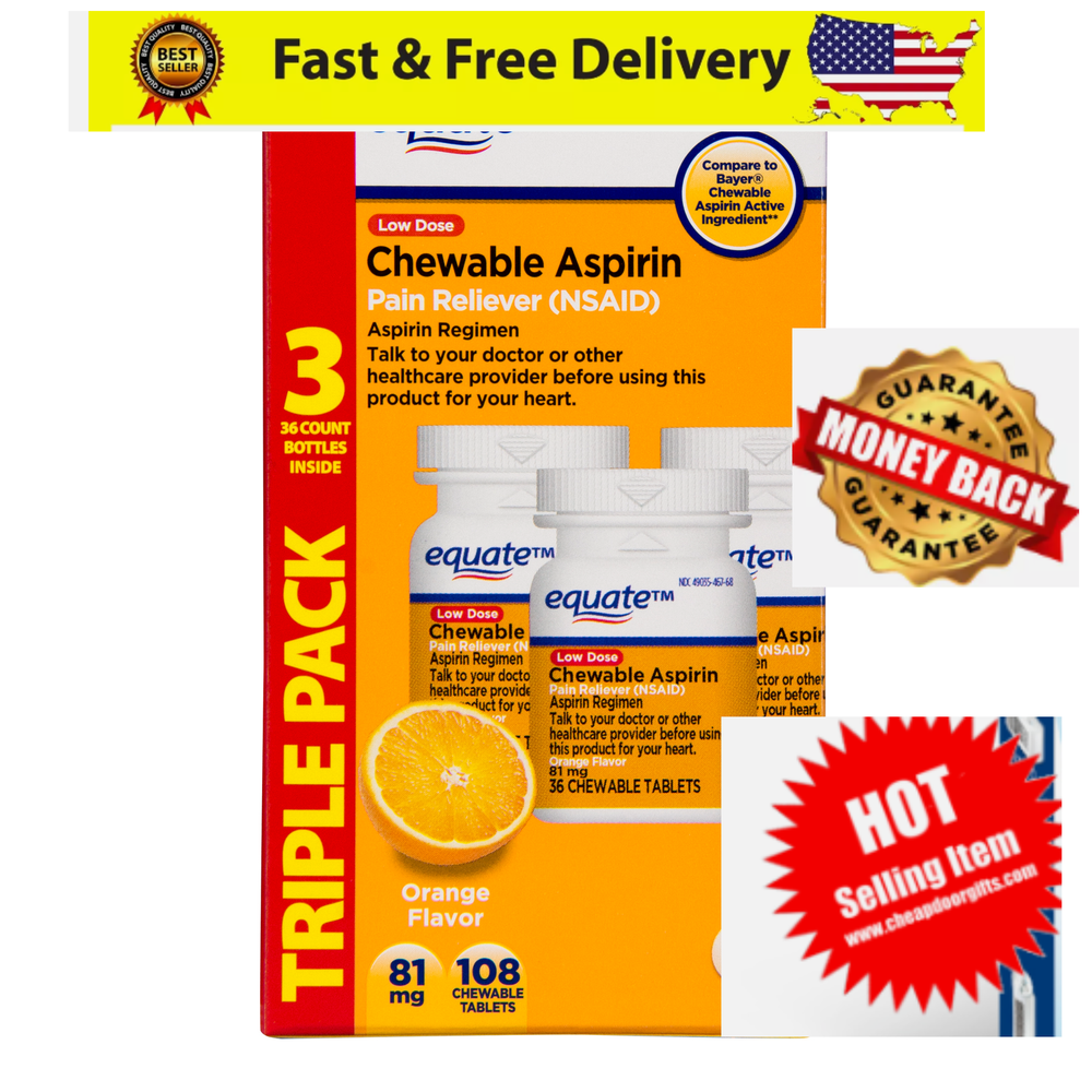 Equate Low Dose Chewable Aspirin 81 mg Tablets, Orange Flavor, 3x 36 Count