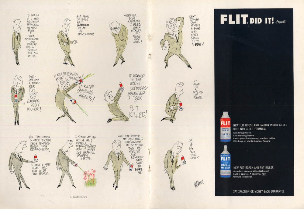 Flit House & Garden Insect Killer Roach & Ant Killer ad 1960 Jules Feiffer NY