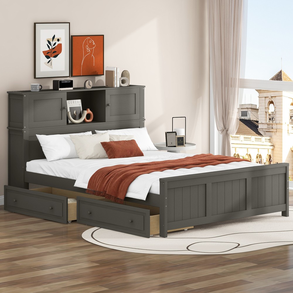 Full Size Platform Bed with Storage Headboard and Sliding Door,2 Drawers, Gray