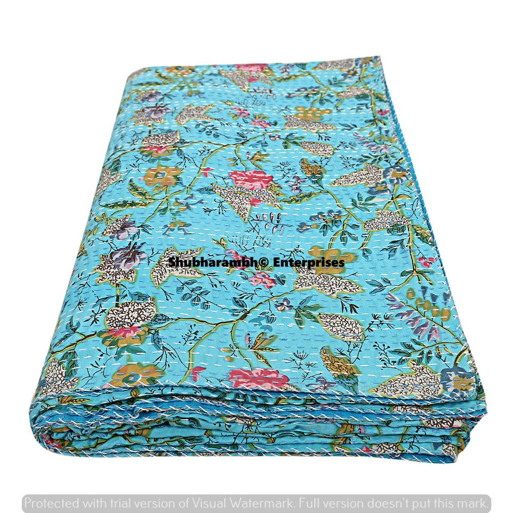 Floral Print Bedspread Indian Throw Cotton Kantha Quilt Blue Coverlets Decor Bed