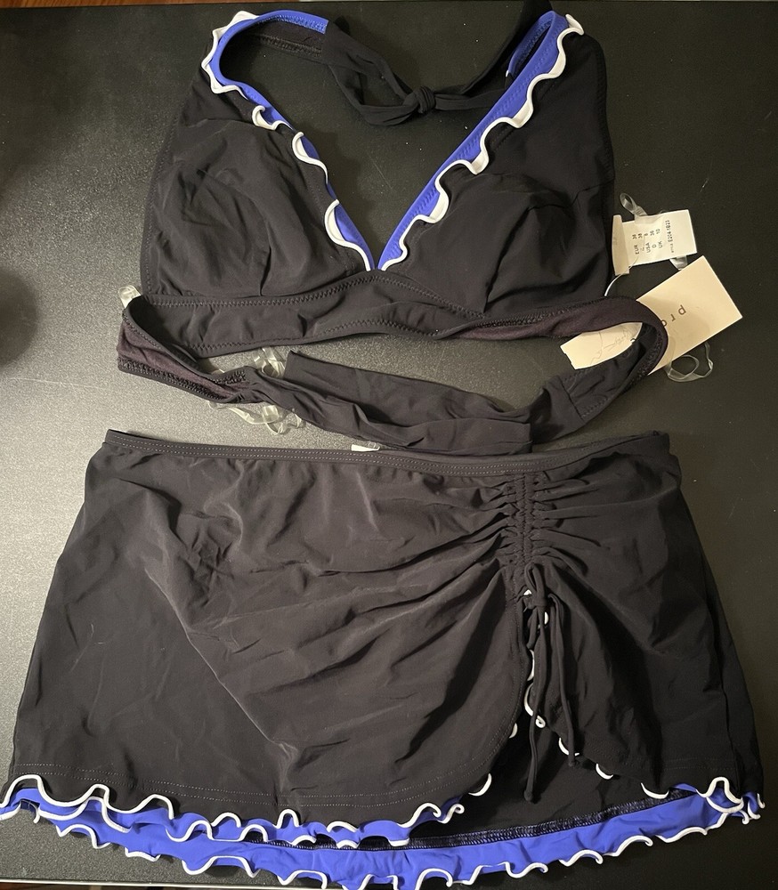 Gottex 2-Piece Swimsuit Size 8 Black White Blue Ruffled Skirt NWT