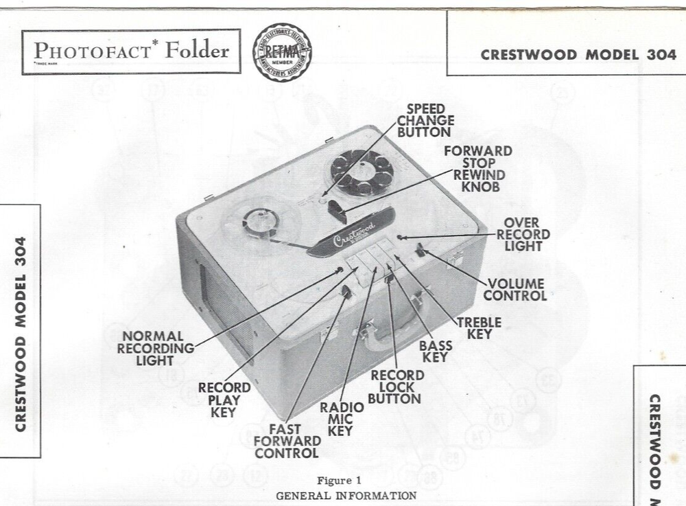 1956 CRESTWOOD 304 REEL To REEL Tape Recorder Photofact Instruction MANUAL Vtg