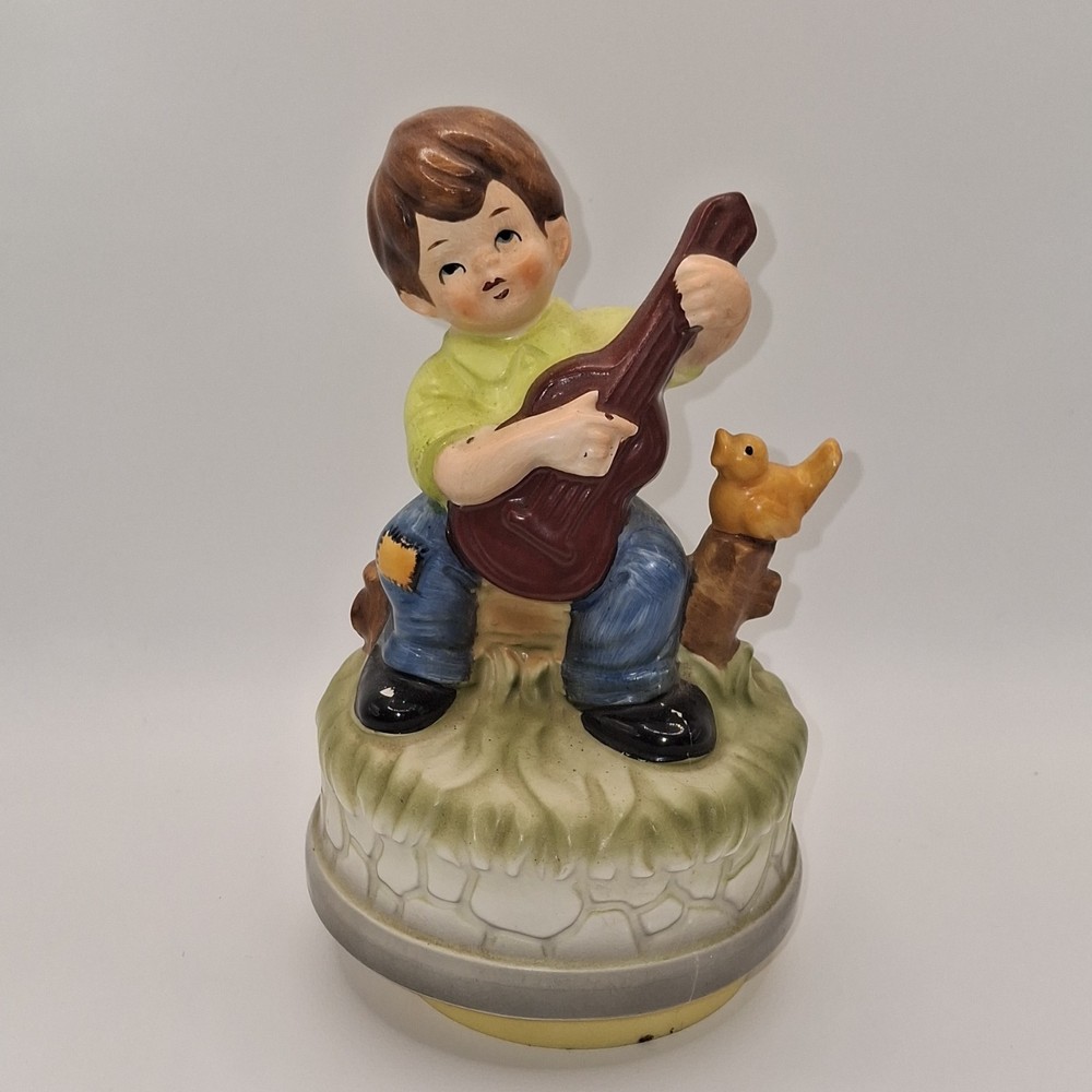 Ceramic Music Box Boy with Guitar and Bird Japan 1970-Now Vintage Collectible