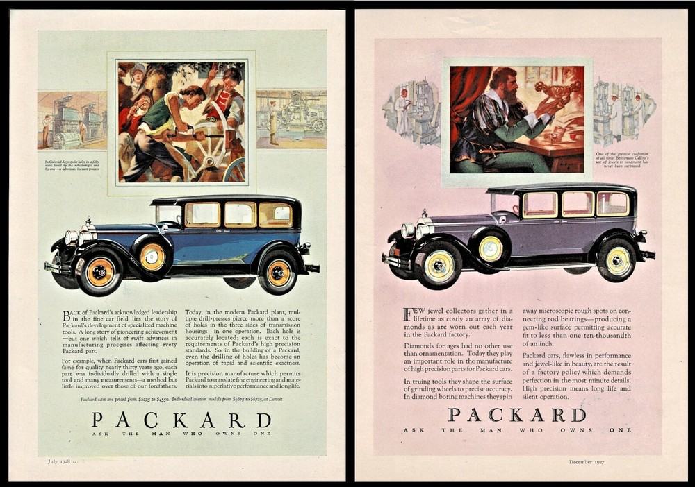 1928 PACKARD 4-door Sedan 2 AD LOT Antique Car Advertising