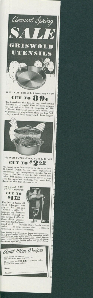 1936 Griswold Skillet Dutch Oven Chopper with Aunt Ellen Recipes Ad